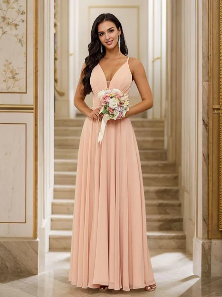 A-Line/Princess Chiffon Ruched V-neck Sleeveless Floor-Length Bridesmaid Dresses