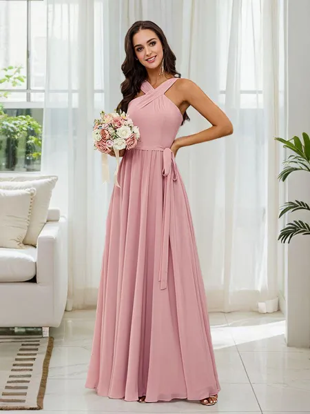 A-Line/Princess Chiffon Ruched Halter Sleeveless Floor-Length Bridesmaid Dresses