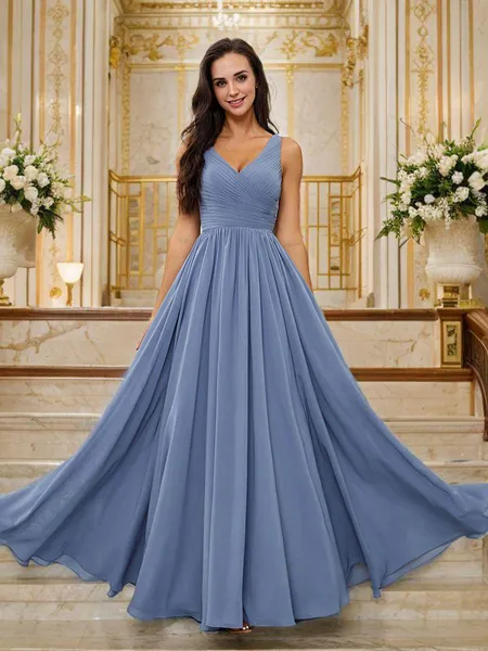 A-Line/Princess Chiffon Ruched V-neck Sleeveless Floor-Length Bridesmaid Dresses