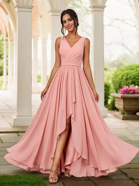 A-Line/Princess Chiffon Ruched V-neck Sleeveless Asymmetrical Bridesmaid Dresses