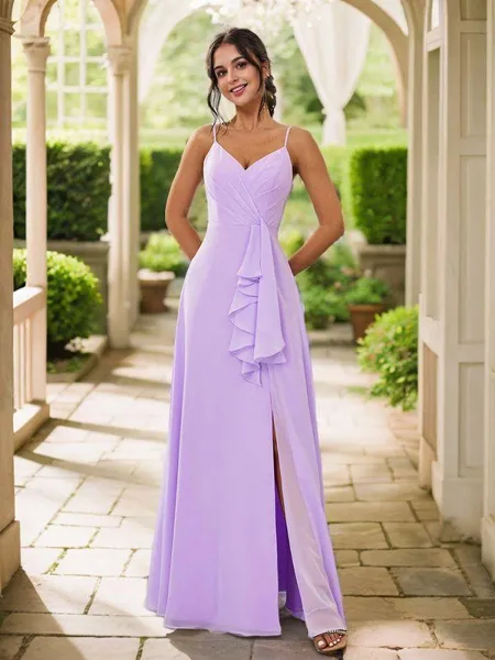 A-Line/Princess Chiffon Ruffles V-neck Sleeveless Floor-Length Bridesmaid Dresses