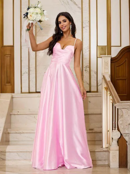A-Line/Princess Silk Like Satin Spaghetti Straps Sleeveless Floor-Length Bridesmaid Dresses
