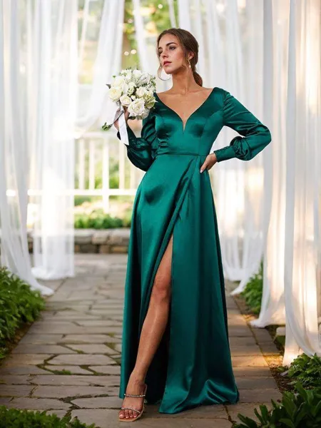 A-line/Princess Silk Like Satin V-neck Long Sleeves Floor-Length Bridesmaid Dresses