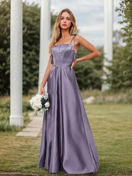 A-line/Princess Satin Spaghetti Straps Sleeveless Sweep/Brush Train Corset Bridesmaid Dresses