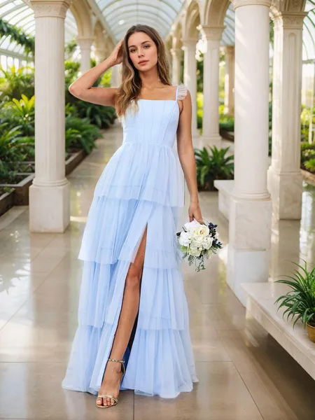 A-line/Princess Tulle Layers Straps Sleeveless Floor-Length Corset Bridesmaid Dresses