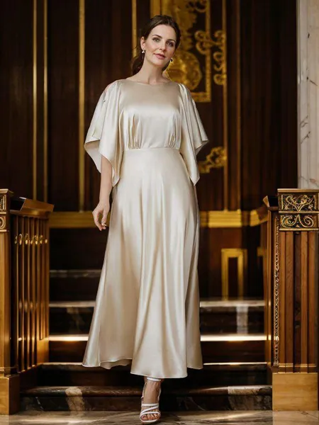 A-Line/Princess Silk like Satin Ruched Scoop 1/2 Sleeves Ankle-Length Mother of the Bride Dresses