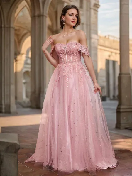 A-line Off-the-Shoulder Appliques Lace Sweep Train Corset Porm Dress