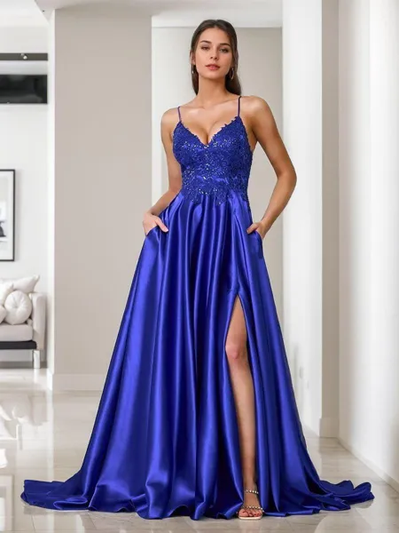 A-line V-neck Appliques Lace Sweep Train Silk Like Satin Porm Dress