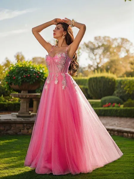 A-Line/Princess Tulle Applique Straps Sleeveless Floor-Length Dresses