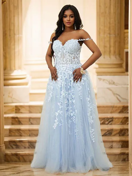 A-Line/Princess Tulle Applique Off-the-Shoulder Sleeveless Sweep Train Dresses