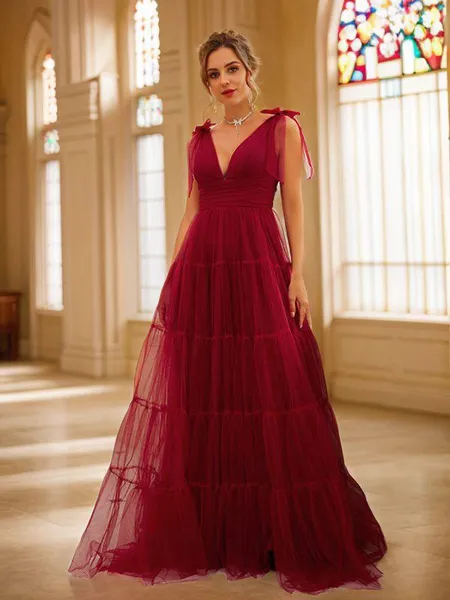 A-Line/Princess Tulle Ruffles V-neck Sleeveless Sweep Train Porm Dress