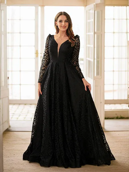 A-Line/Princess Lace Ruffles V-neck Long Sleeves Sweep Train Dresses