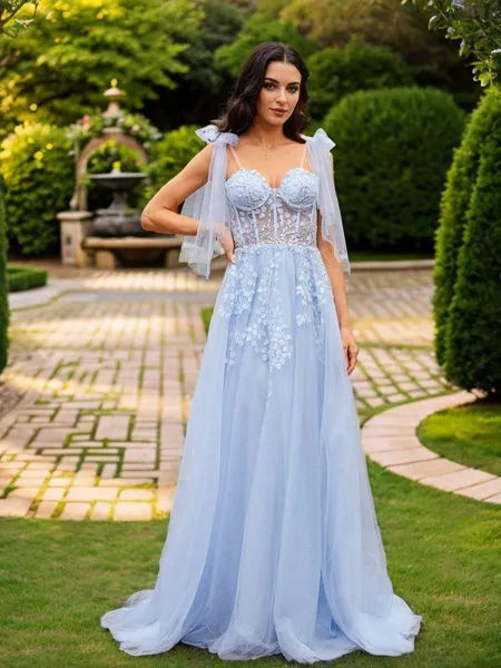 A-Line/Princess Tulle Applique Straps Sleeveless Sweep Train Dresses