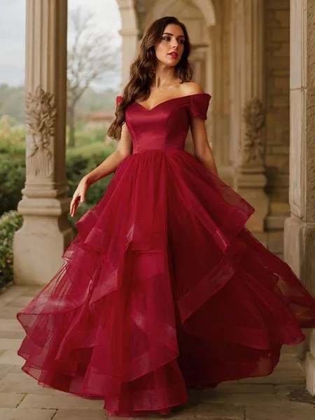 A-Line/Princess Tulle Ruffles Off-the-Shoulder Sleeveless Floor-Length Porm Dress