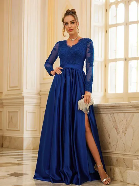 A-Line/Princess Satin Lace V-neck Long Sleeves Floor-Length Dresses