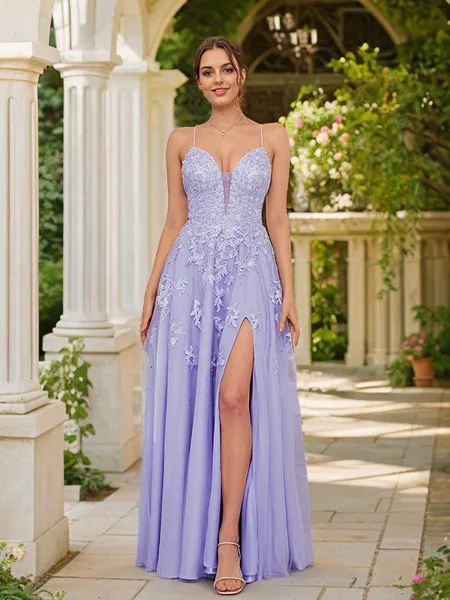 A-Line/Princess Tulle Applique V-neck Sleeveless Floor-Length Porm Dress