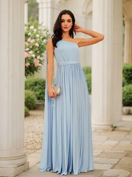 A-Line/Princess Jersey Ruffles One-Shoulder Sleeveless Floor-Length Dresses