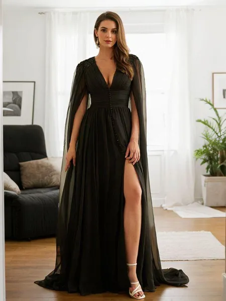 A-Line/Princess 30D Chiffon Ruched V-neck Long Sleeves Floor-Length Porm Dress