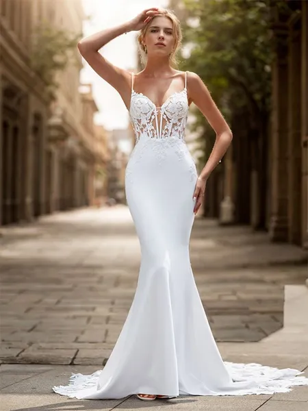 Sheath Stretch Crepe Appliques Lace V-neck Sleeveless Cathedral Train Wedding Dress