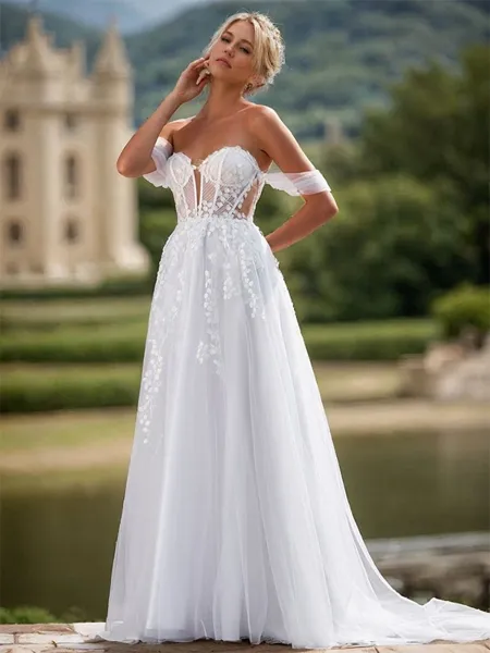 A-line Tulle Appliques Lace Off-the-Shoulder Sleeveless Chapel Train Wedding Dress