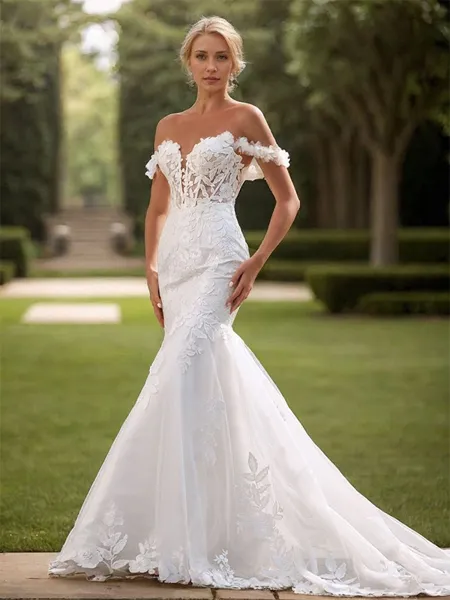 Mermaid Tulle Appliques Lace Off-the-Shoulder Sleeveless Cathedral Train Wedding Dress