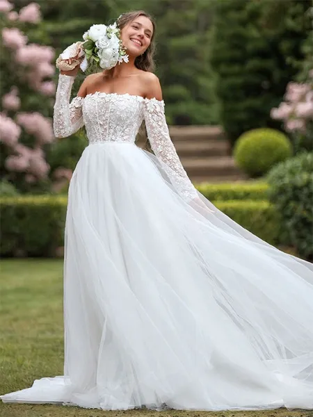 A-line Tulle Appliques Lace Off-the-Shoulder Long Sleeves Chapel Train Wedding Dress