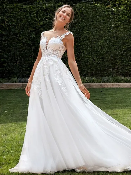 A-line Tulle Appliques Lace Scoop Sleeveless Sweep Train Wedding Dress