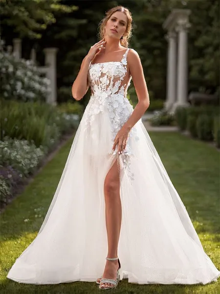 A-line Tulle Appliques Lace Square Sleeveless Court Train Wedding Dress