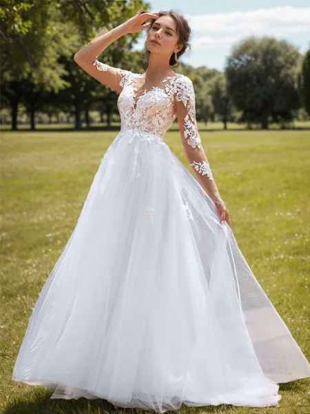 A-line Tulle Appliques Lace...
