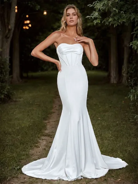Sheath Charmeuse Pleated Sweetheart Sleeveless Sweep Train Wedding Dress