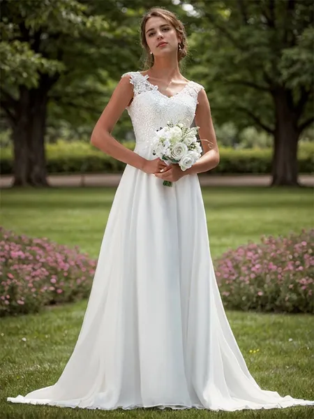 A-line Chiffon Appliques Lace V-neck Sleeveless Sweep Train Wedding Dress