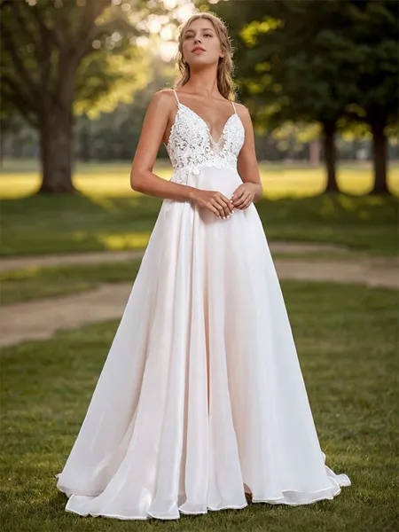 A-line Organza Appliques Lace V-neck Sleeveless Court Train Wedding Dress