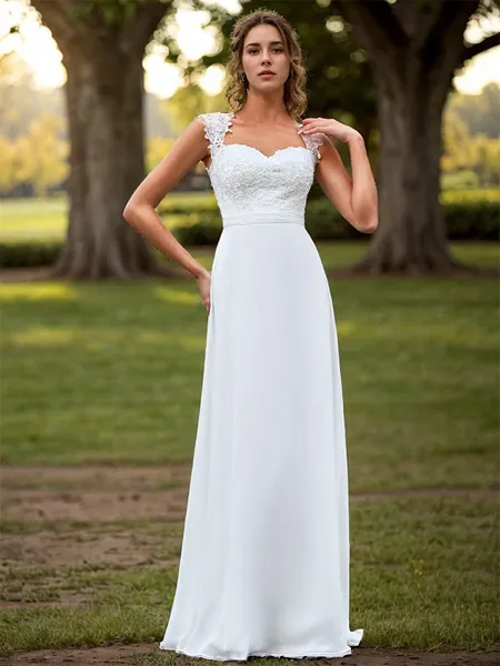 A-line Chiffon Appliques Lace Sweetheart Sleeveless Floor-Length Wedding Dress