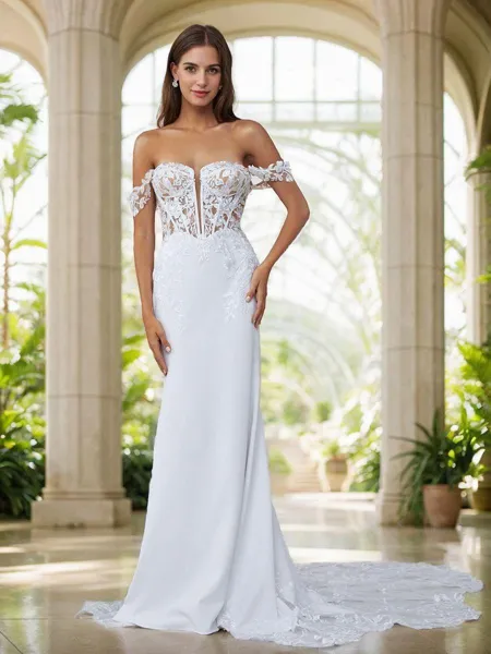 Sheath Off-the-Shoulder Appliques Lace Cathedral Train Stretch Crepe Corset Wedding Dress