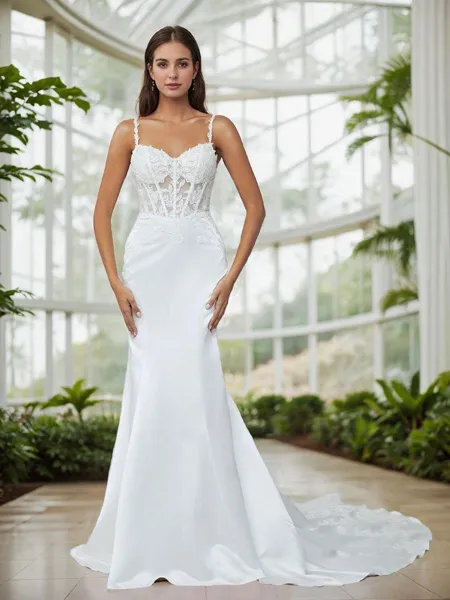 Mermaid Spaghetti Straps Appliques Lace Chapel Train Satin Corset Wedding Dress