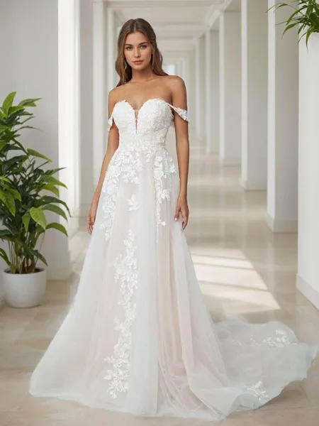 A-line Off-the-Shoulder Appliques Lace Cathedral Train Tulle Wedding Dress