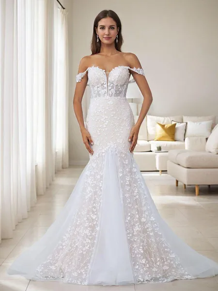 Mermaid Off-the-Shoulder Appliques Lace Cathedral Train Tulle Corset Wedding Dress