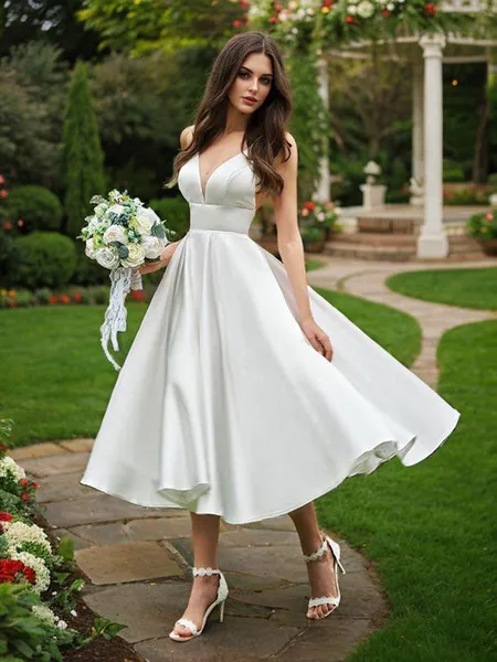 A-Line/Princess Ruffles V-neck Sleeveless Satin Tea-Length Wedding Dresses