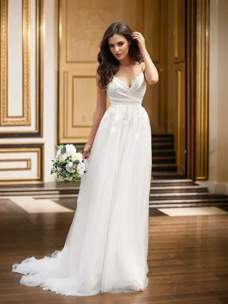 A-Line/Princess V-neck Tulle Sleeveless Applique Sweep Train Wedding Dresses