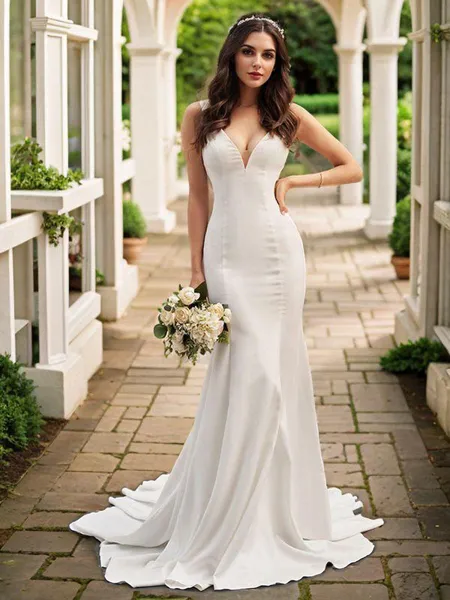 Trumpet/Mermaid Satin V-neck Ruffles Sleeveless Court Train Wedding Dresses