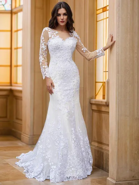 Trumpet/Mermaid Tulle Applique Scoop Long Sleeves Sweep Train Wedding Dresses
