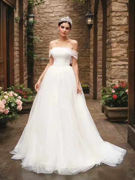 A-Line/Princess Tulle Sleeveless Off-the-Shoulder Ruched Sweep Train Wedding Dresses