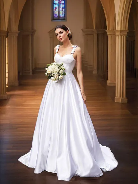 A-Line/Princess Satin Ruffles Straps Sleeveless Sweep Train Wedding Dresses