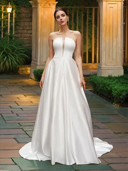 A-Line/Princess Strapless Satin Sleeveless Ruffles Sweep Train Wedding Dresses