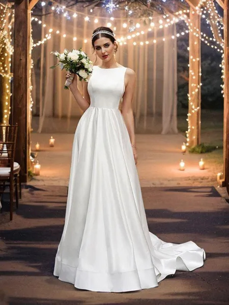 A-Line/Princess Satin Sleeveless Scoop Ruffles Sweep Train Wedding Dresses
