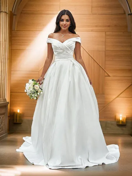 A-Line/Princess Off-the-Shoulder Ruched Sleeveless Satin Court Train Wedding Dresses