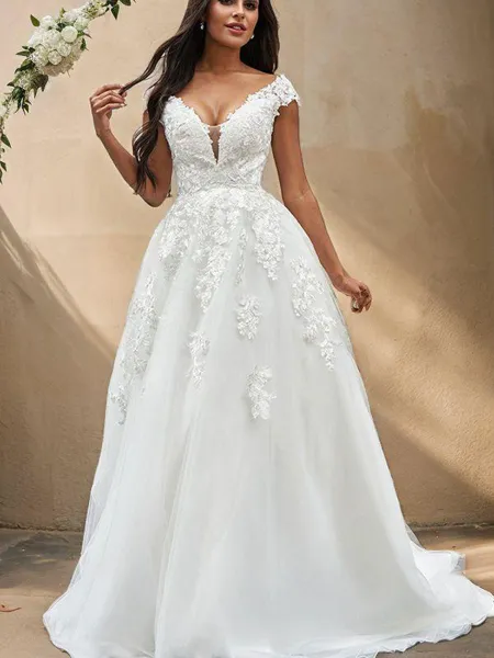 A-Line/Princess Tulle V-neck Applique Sleeveless Sweep Train Wedding Dresses