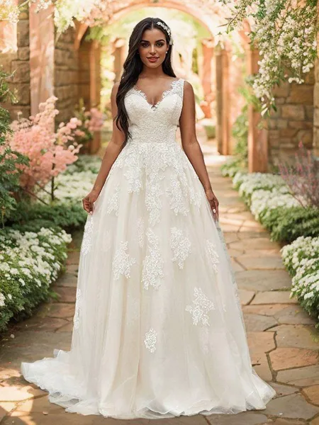 A-Line/Princess Tulle Applique V-neck Sleeveless Sweep Train Wedding Dresses