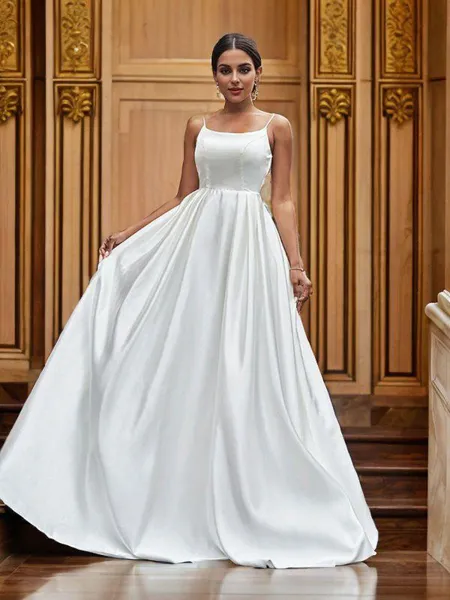 A-Line/Princess Satin Spaghetti Straps Ruffles Sleeveless Sweep Train Wedding Dresses