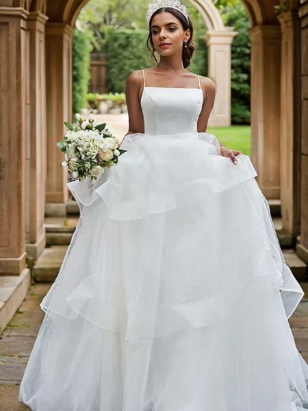A-Line/Princess Tulle Spaghetti Straps Sleeveless Ruffles Sweep Train Wedding Dresses